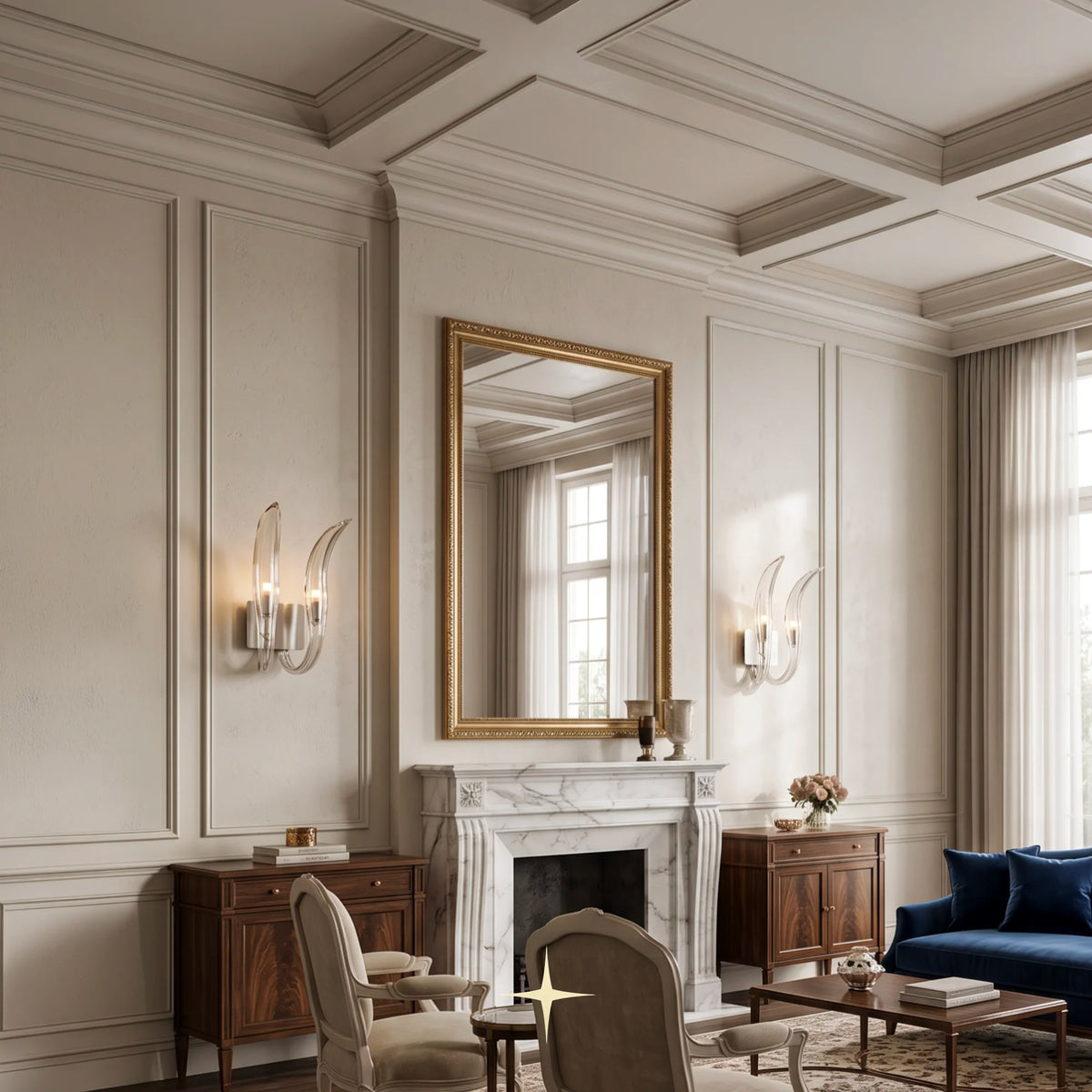 A luxury living room interior featuring a large gold-framed mirror above a white marble fireplace, Elegant Divine dual wall light fixture crafted from exquisite Bohemian crystal., wooden sideboards, upholstered chairs, and a deep blue sofa against cream paneled walls.