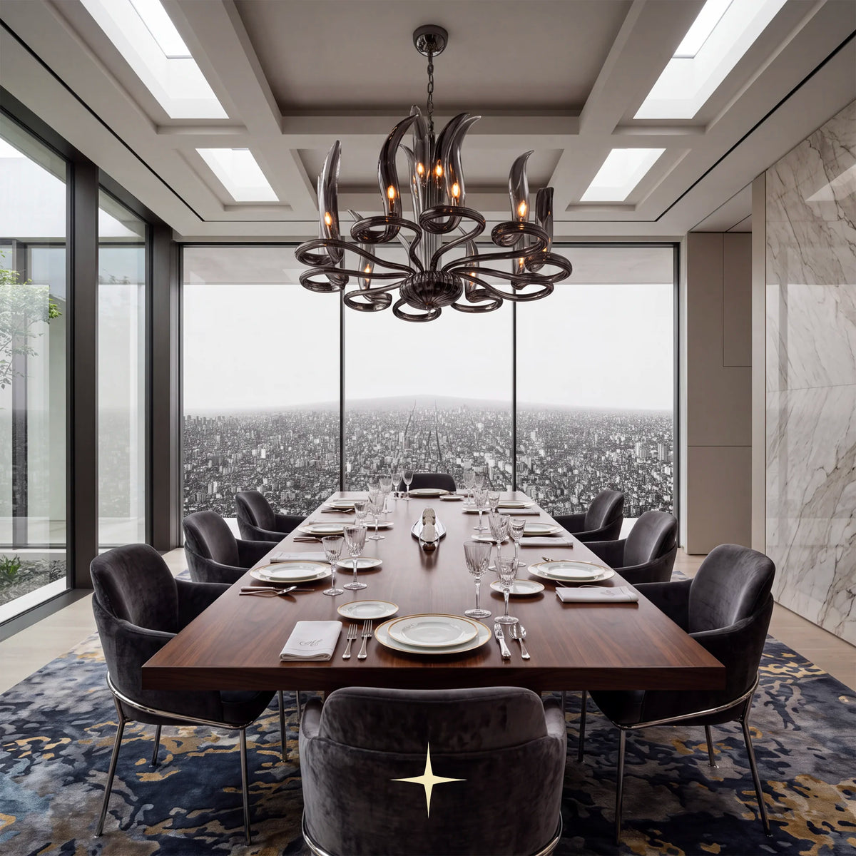 Elegant Dream Chandelier featuring sweeping smoky crystal glass loop arms in a dramatic circular arrangement
