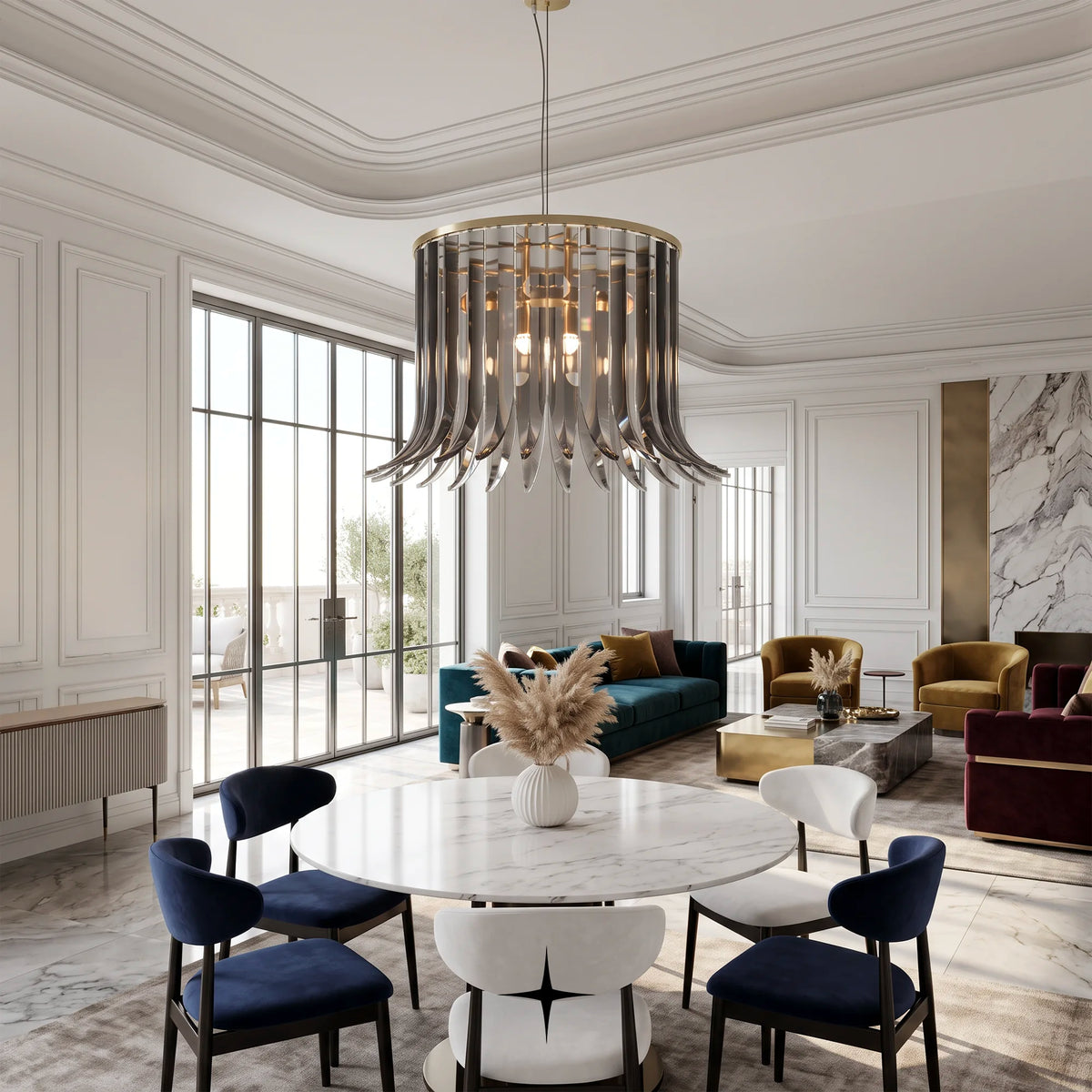 Elegant Elan Chandelier featuring chic dress-like clear crystal wings with golden accents in circular and oval variations
