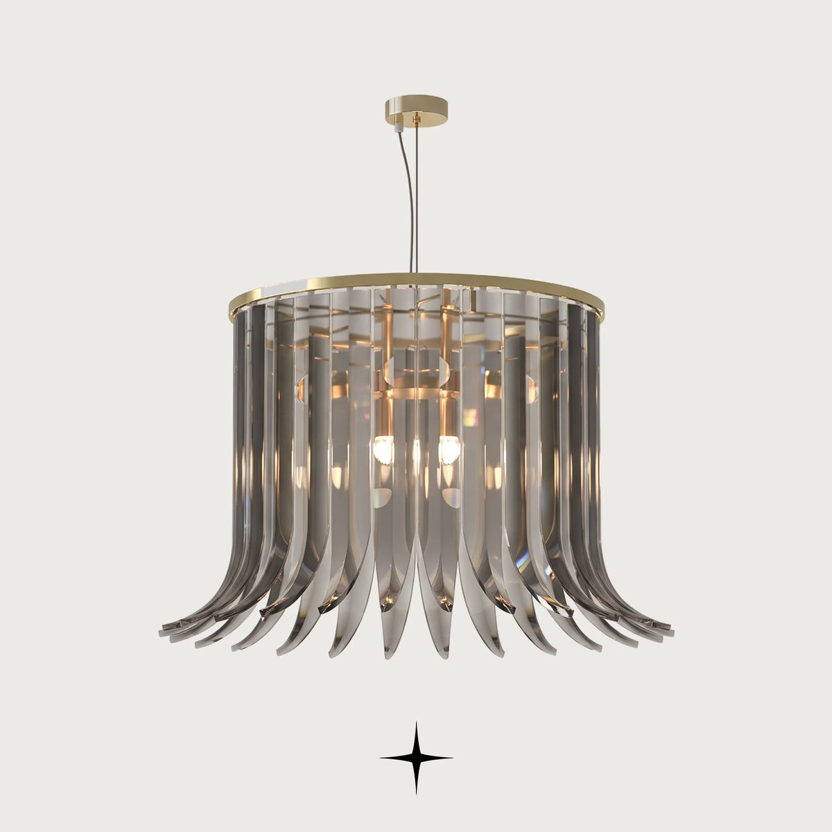Elegant Elan Chandelier featuring chic dress-like clear crystal wings with golden accents in circular and oval variations
