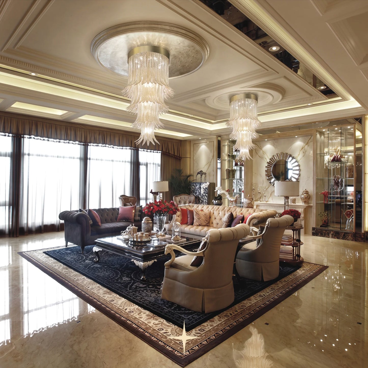 Twin Elegant Golden Falls chandeliers suspended in an opulent luxury grand hall with leather seating