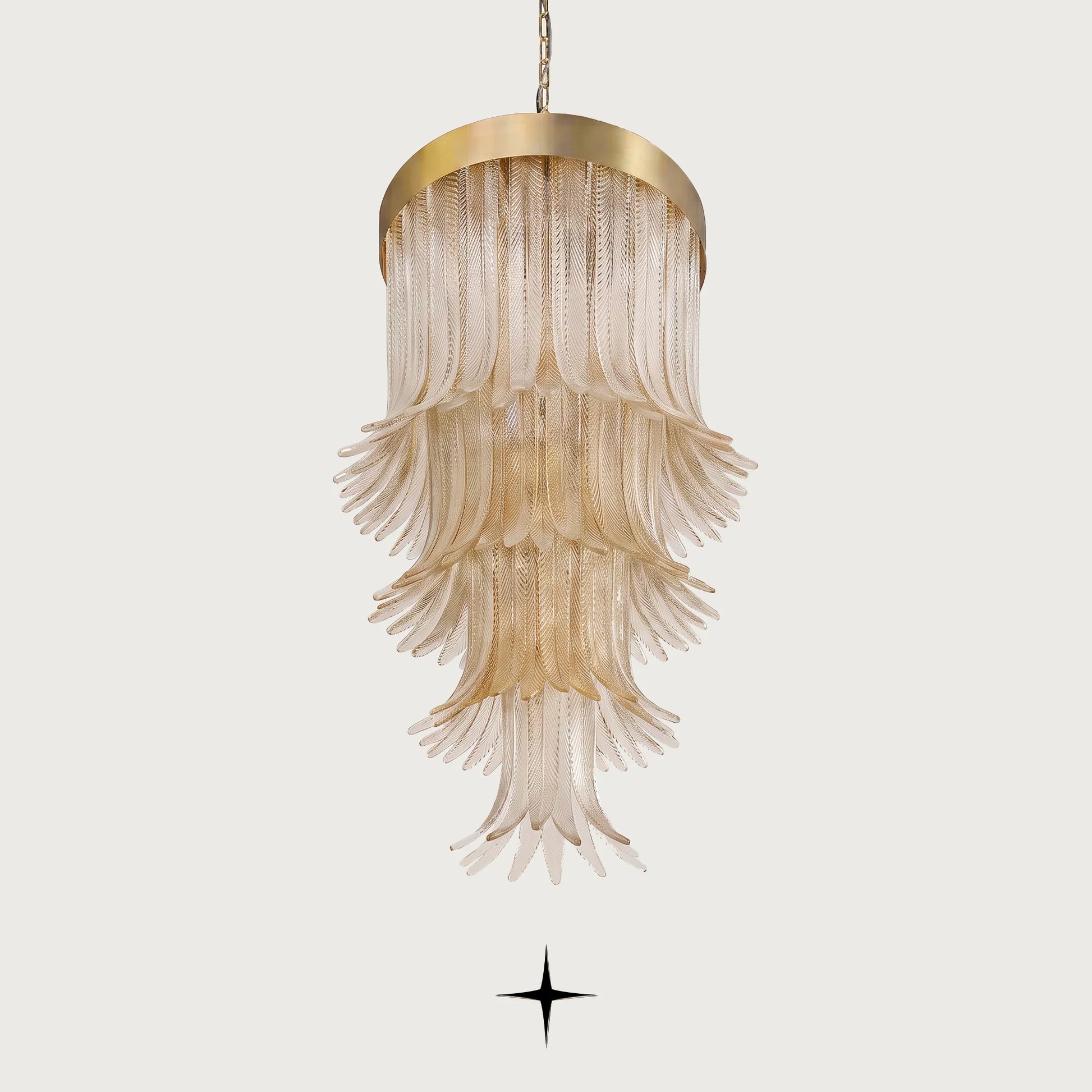 Elegant Golden Falls cascading tiered glass leaf chandelier with gold frame on light grey background