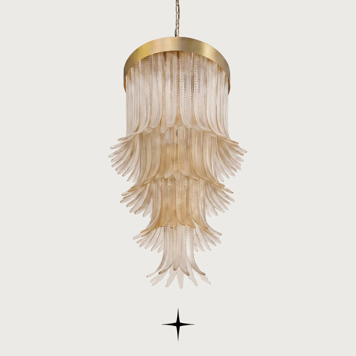 Elegant Golden Falls cascading tiered glass leaf chandelier with gold frame on light grey background