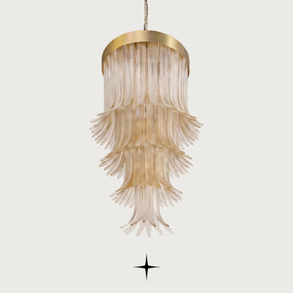 Elegant Golden Falls cascading tiered glass leaf chandelier with gold frame on light grey background