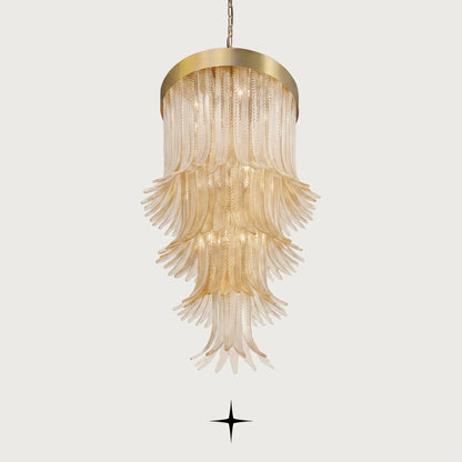 Elegant Golden Falls cascading tiered glass leaf chandelier with gold frame on light grey background