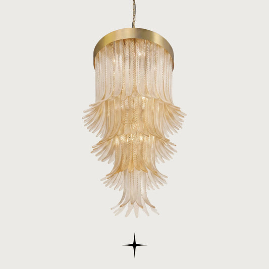 Elegant Golden Falls cascading tiered glass leaf chandelier with gold frame on light grey background