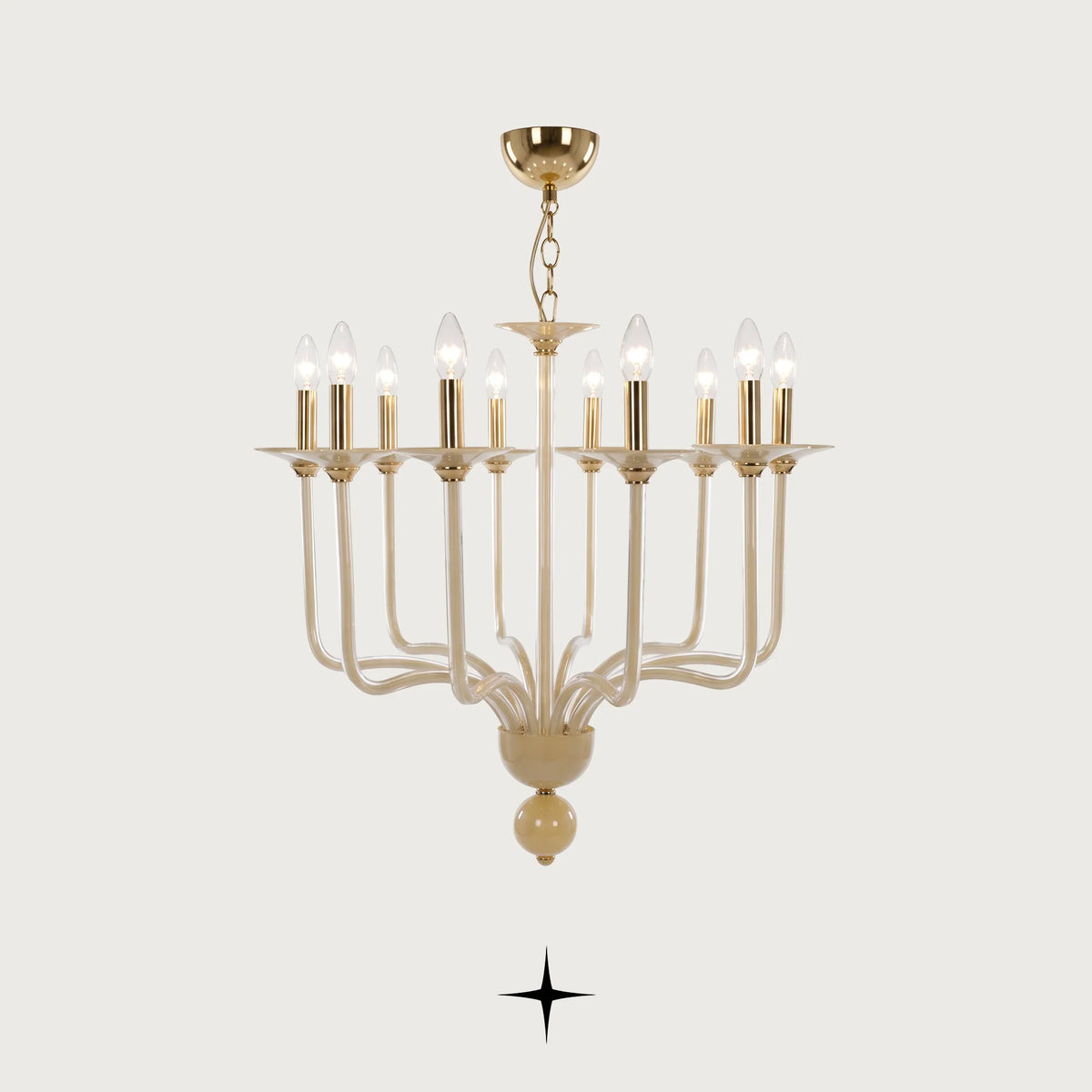 Elegant Harmony Chandelier featuring sweeping cream-white glass arms with candle-style lights and brass accents
