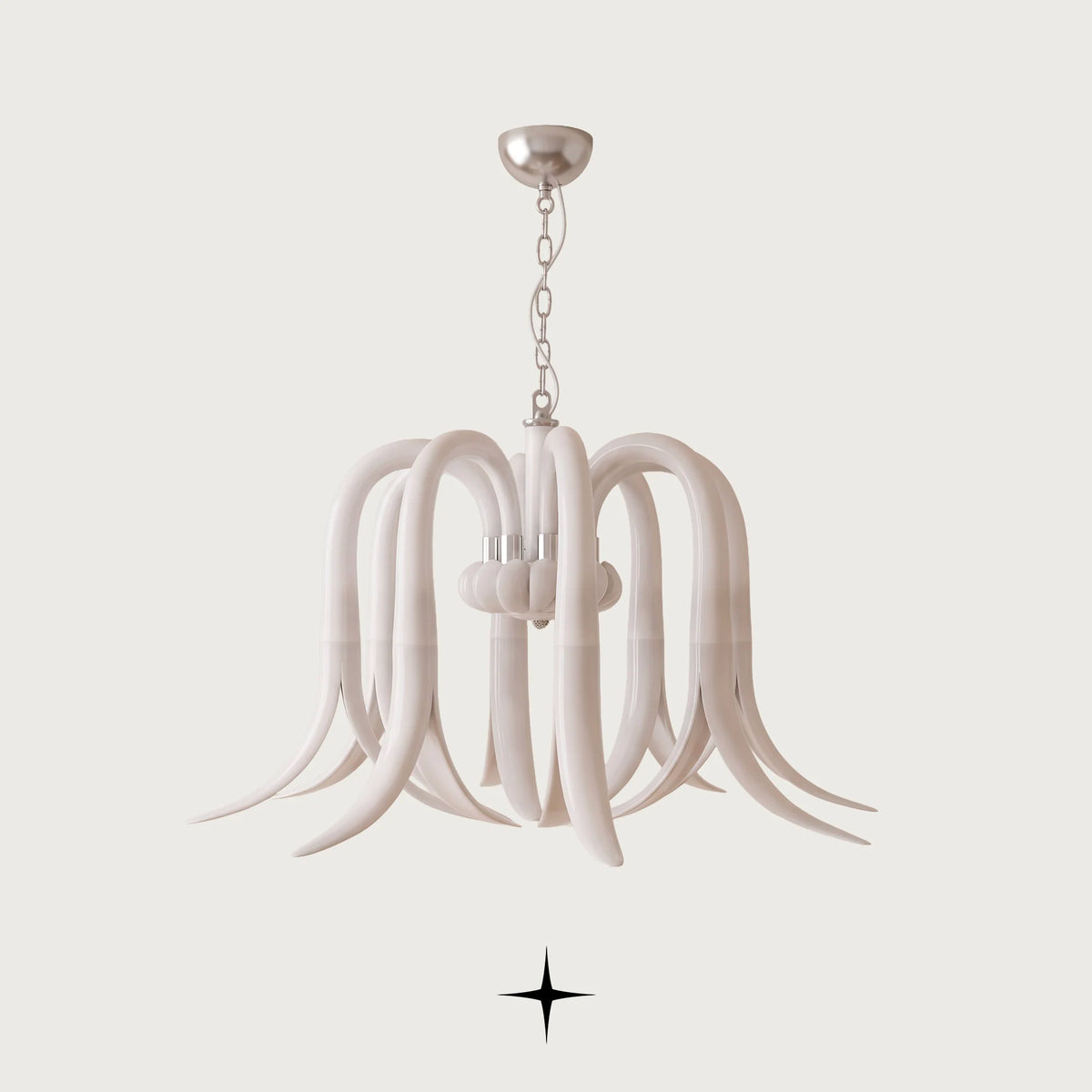 Elegant Isadora Chandelier featuring frosted white handcrafted crystal glass flower arms facing downward

