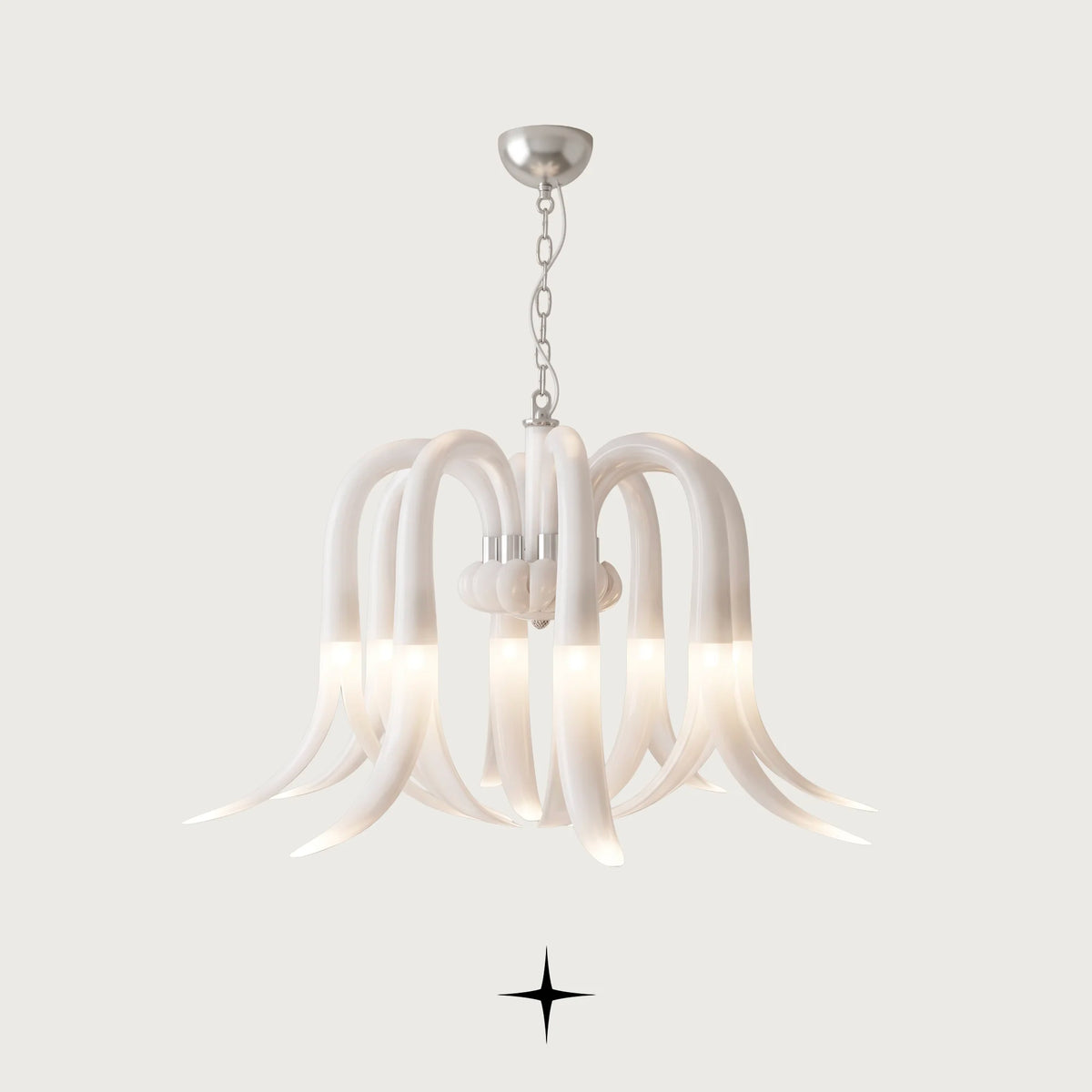 Elegant Isadora Chandelier featuring frosted white handcrafted crystal glass flower arms facing downward
