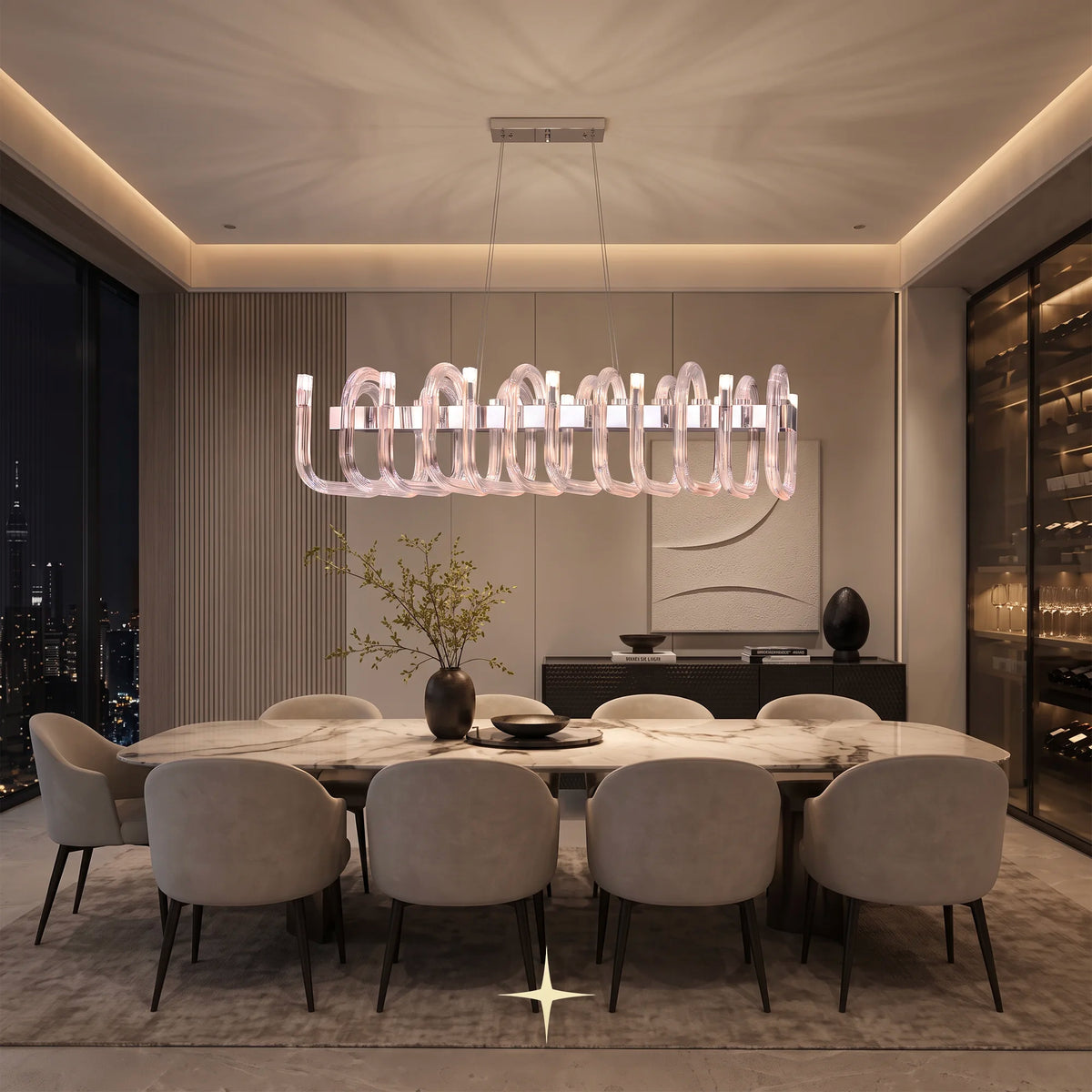 Elegant Linear Fantasia chandelier featuring geometric arms fashioned from luxurious Bohemian crystal
