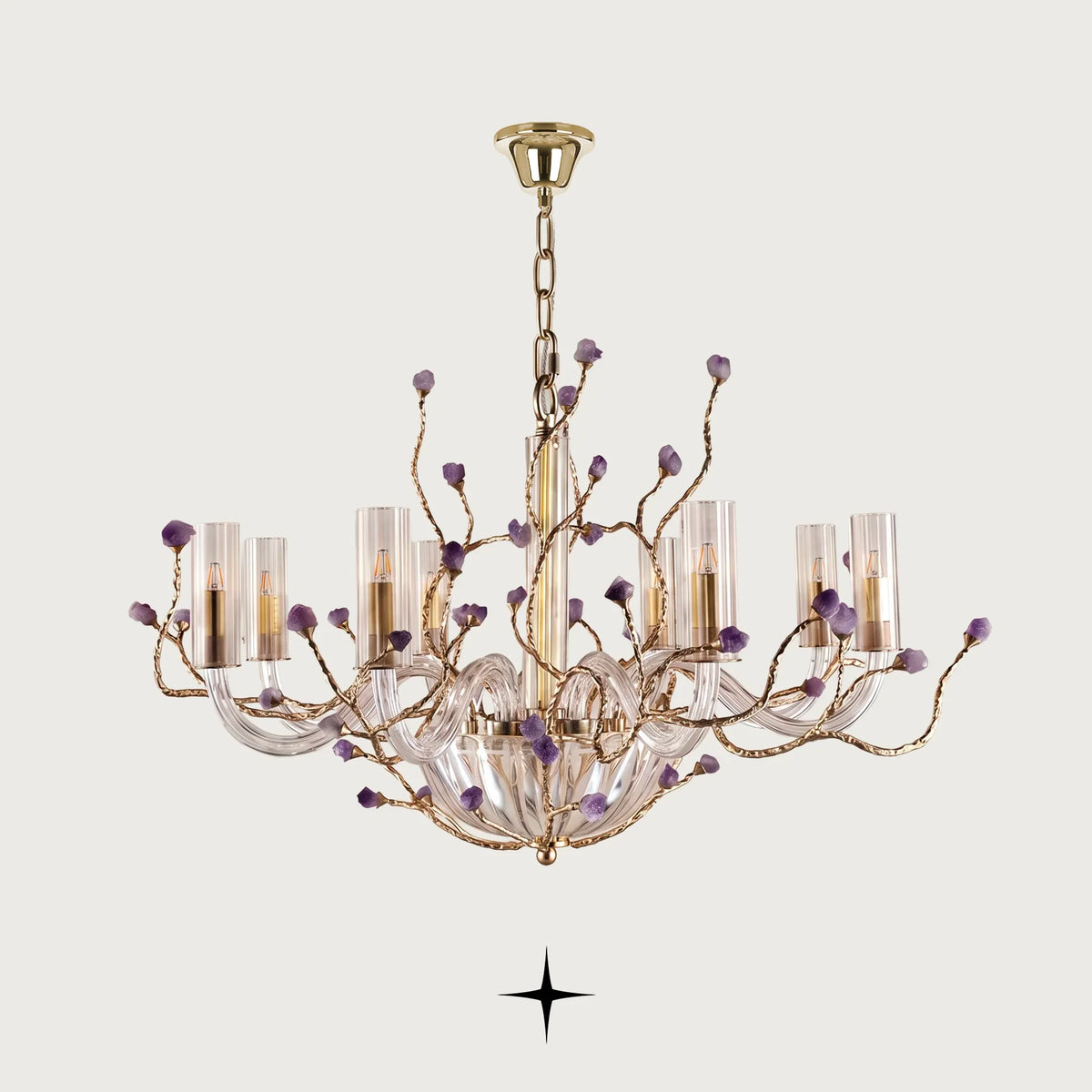 Elegant Madison Murano style glass chandelier with brass branches and natural purple rocks on a light grey background