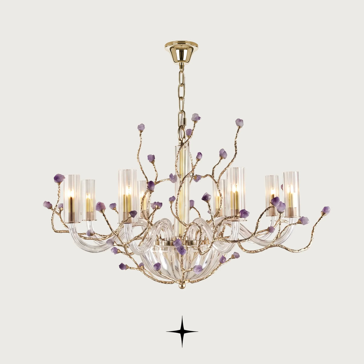 Elegant Madison Murano style glass chandelier with brass branches and natural purple rocks on a light grey background