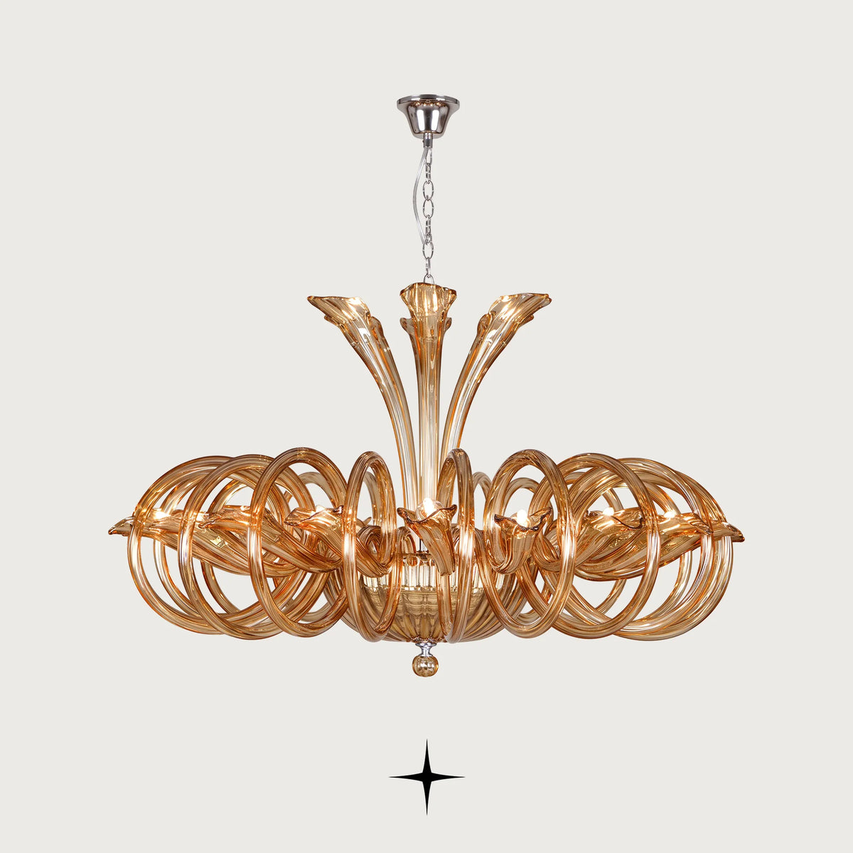 Elegant Opal Chandelier featuring circular amber crystal glass rings encircling golden curved arms
