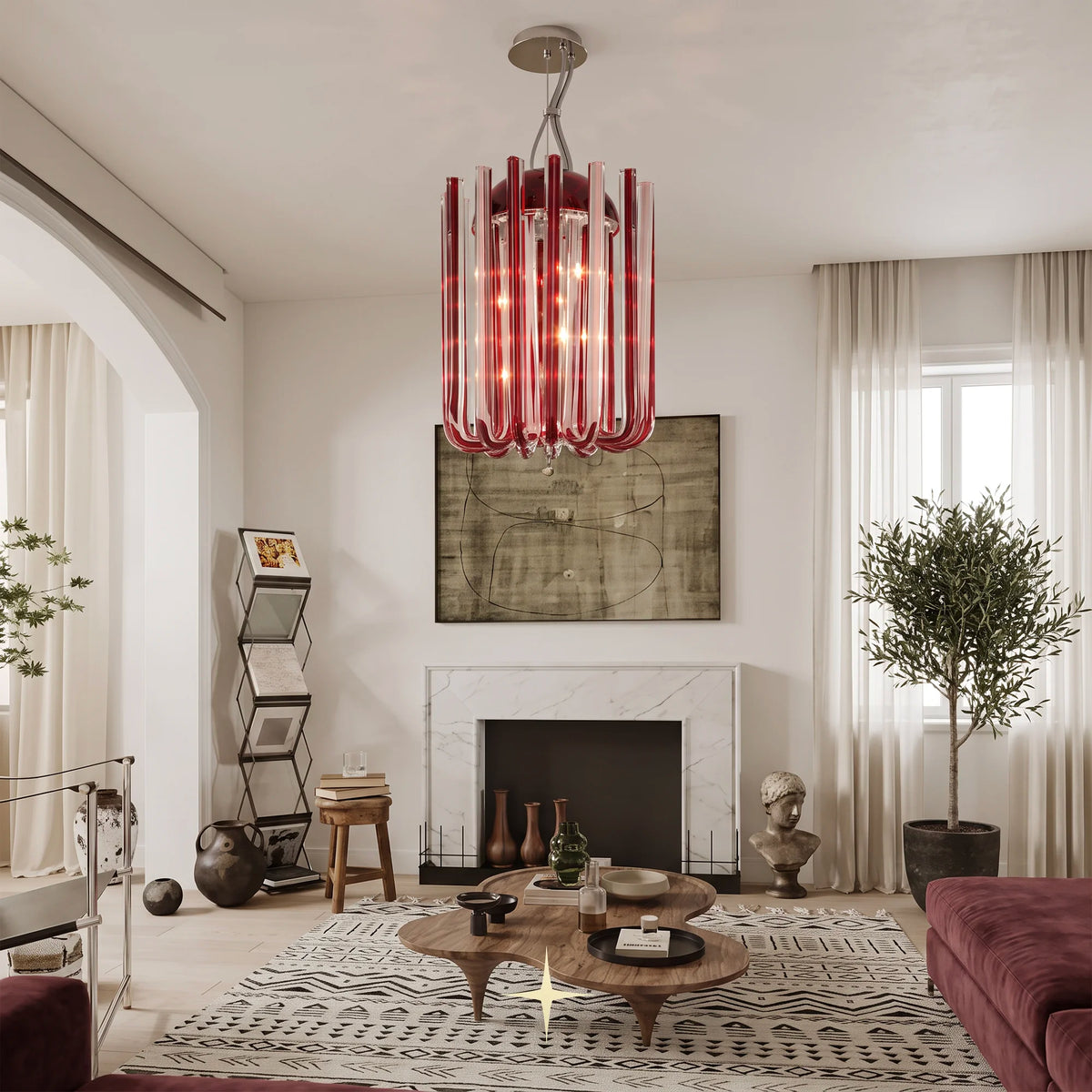 Elegant Opalina Chandelier featuring chic elongated vertical crystal arms in exquisite colors and two sizes
