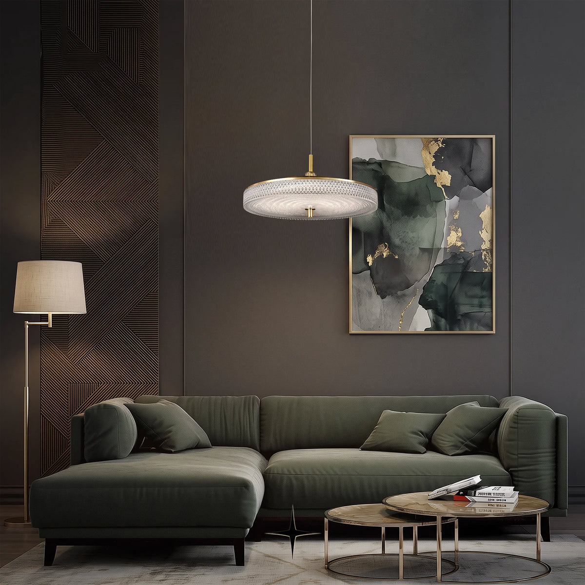 Elegant Prima Cleo grand glass pendant light suspended above a modern dark sectional sofa in a luxury interior