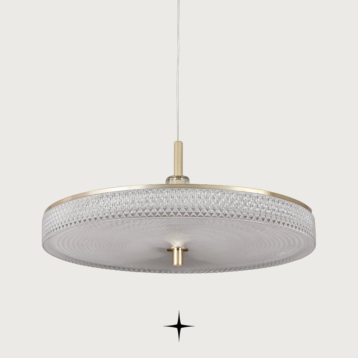 Elegant Prima Cleo grand single light pendant with golden nickel structure and Murano glass dome on black background