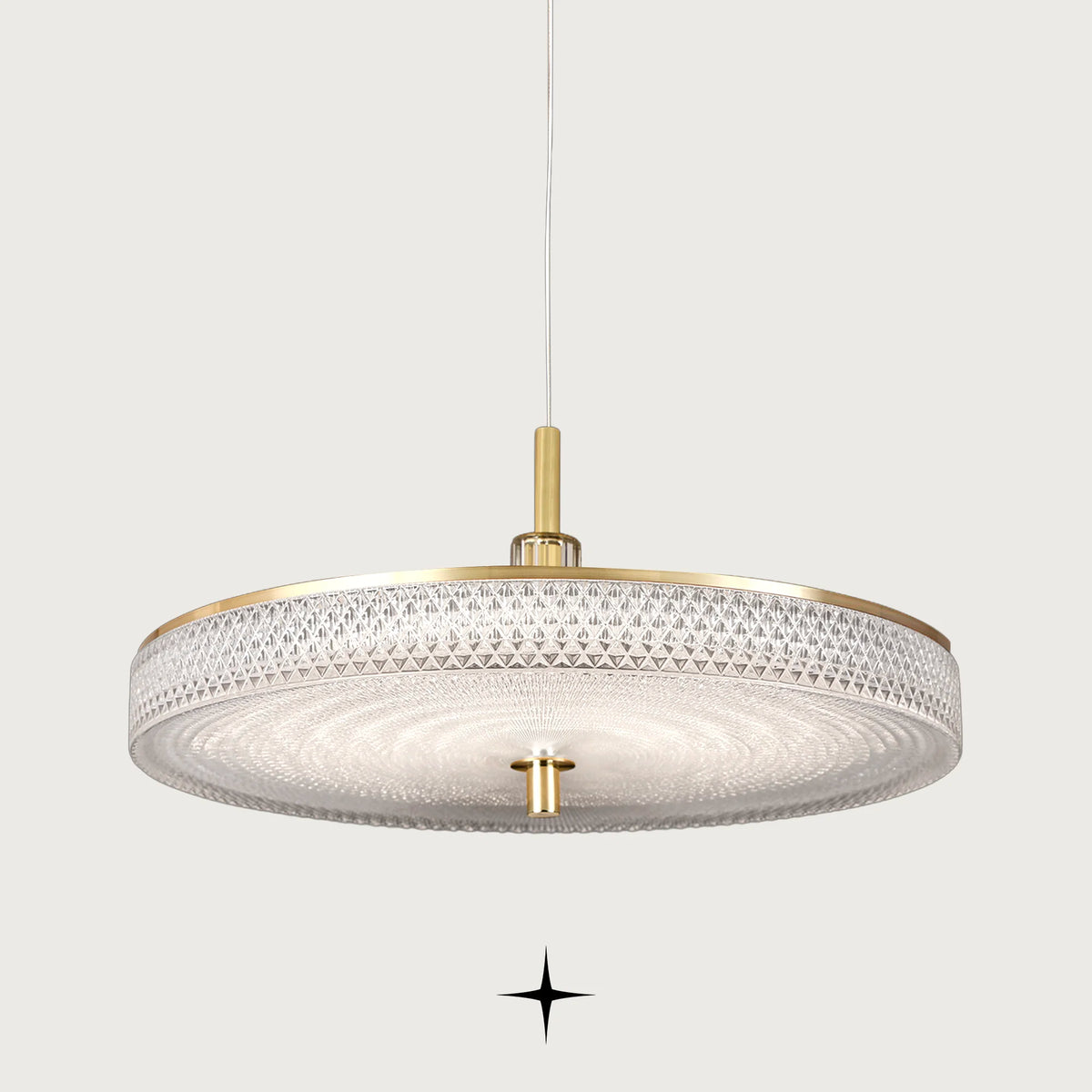 Elegant Prima Cleo grand single light pendant with golden nickel structure and Murano glass dome on black background