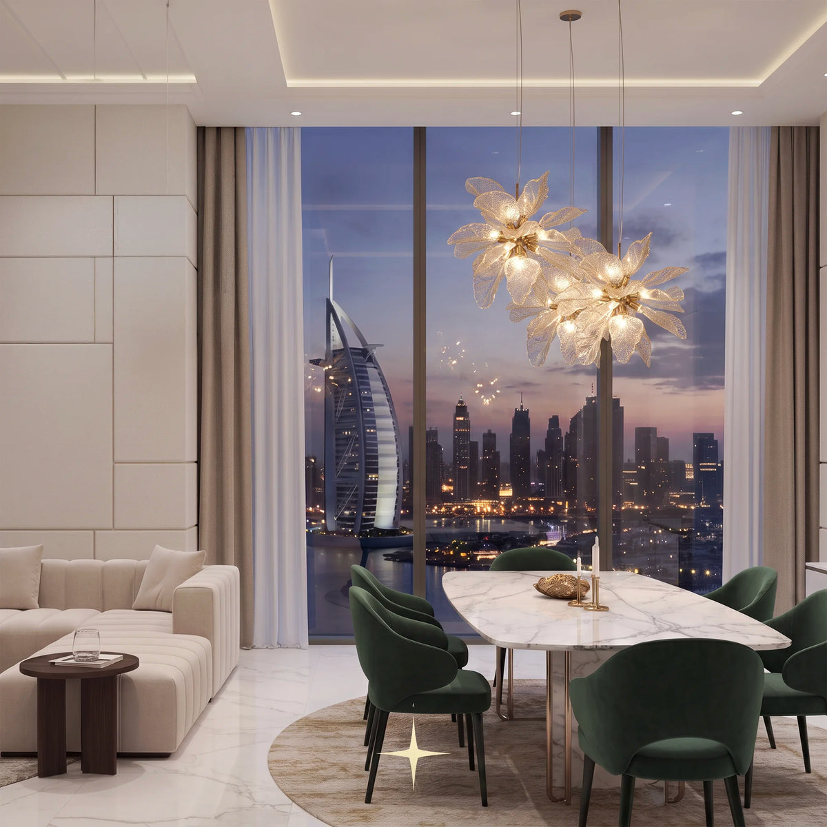 A luxury modern living and dining room featuring a distinctive elegant pristine murano chandelier with warm glowing bulbs, green velvet dining chairs, a marble dining table, and a large floor-to-ceiling window showcasing the Dubai skyline at dusk.