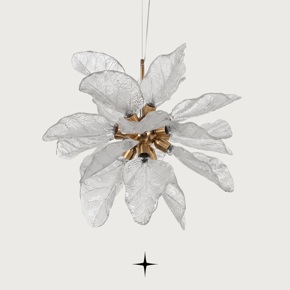 Full front view of Elegant Pristine white glass leaf floral pendant light on light grey backdrop