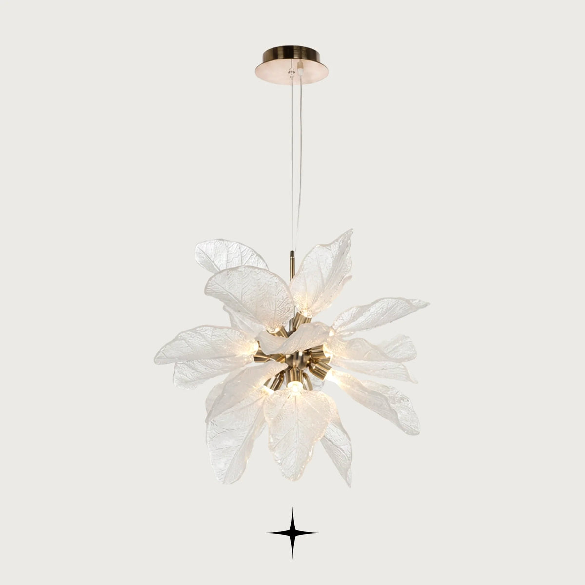 Full front view of Elegant Pristine white glass leaf floral pendant light on light grey backdrop
