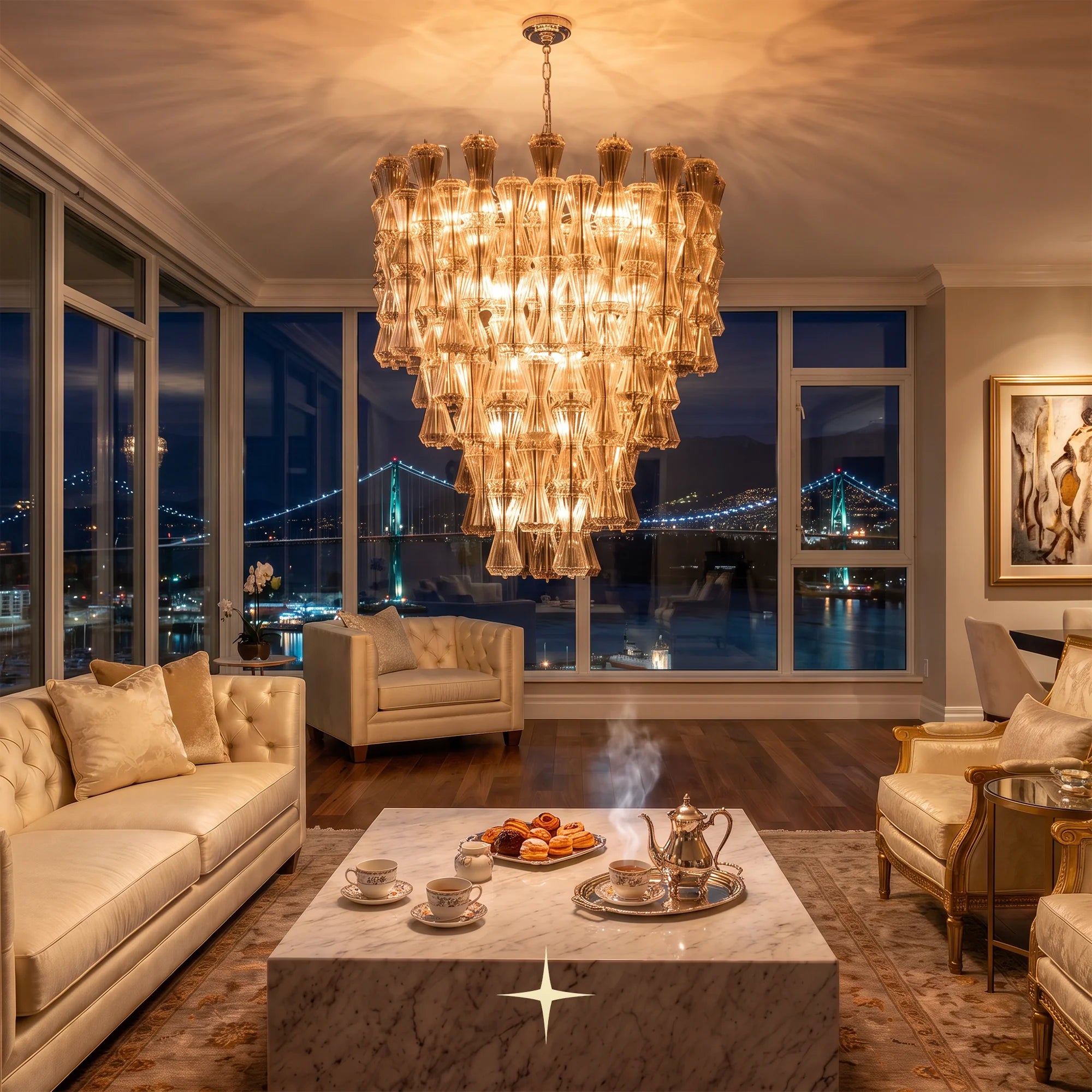 A luxury multi-tiered chandelier with warm glowing amber glass hangs in a high-end living room with a marble coffee table, cream tufted sofas, and large windows overlooking a nighttime city bridge view.