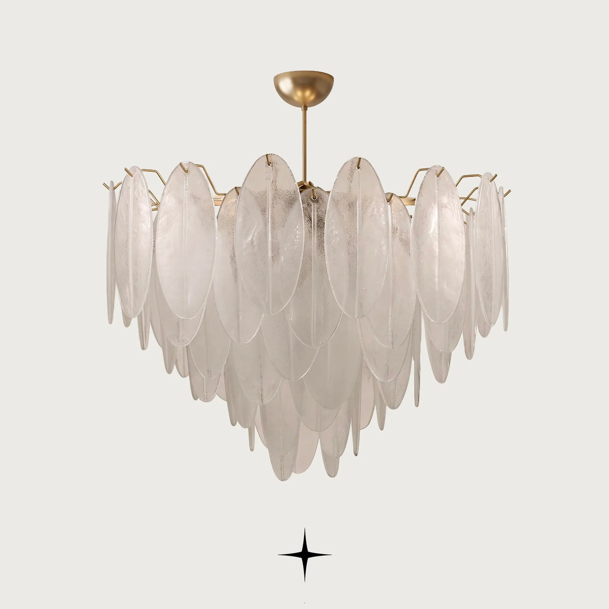 Elegant Serene Chandelier featuring cascading oval crystal elements and a radiant golden ring structure
