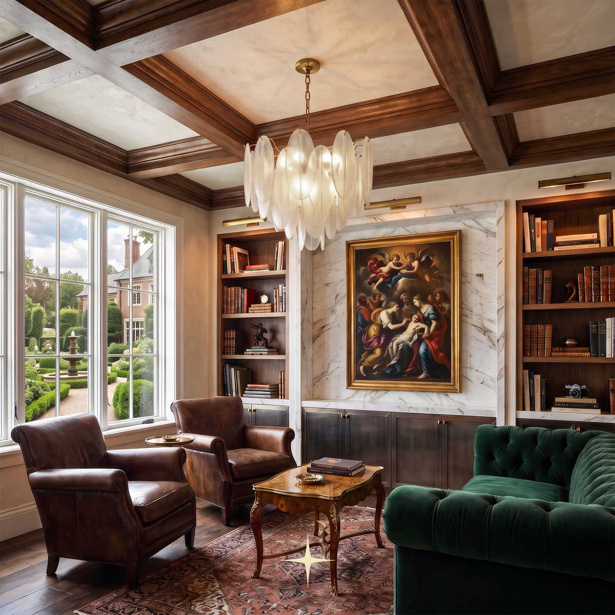 A luxurious study interior featuring a large framed classical painting on a white marble wall, flanked by dark wood bookshelves. The room is furnished with a deep green velvet sofa, two brown leather armchairs, a carved wooden coffee table, and a patterned rug. Serene luxury circular chandelier featuring frosted glass oval petals and gold chain canopy