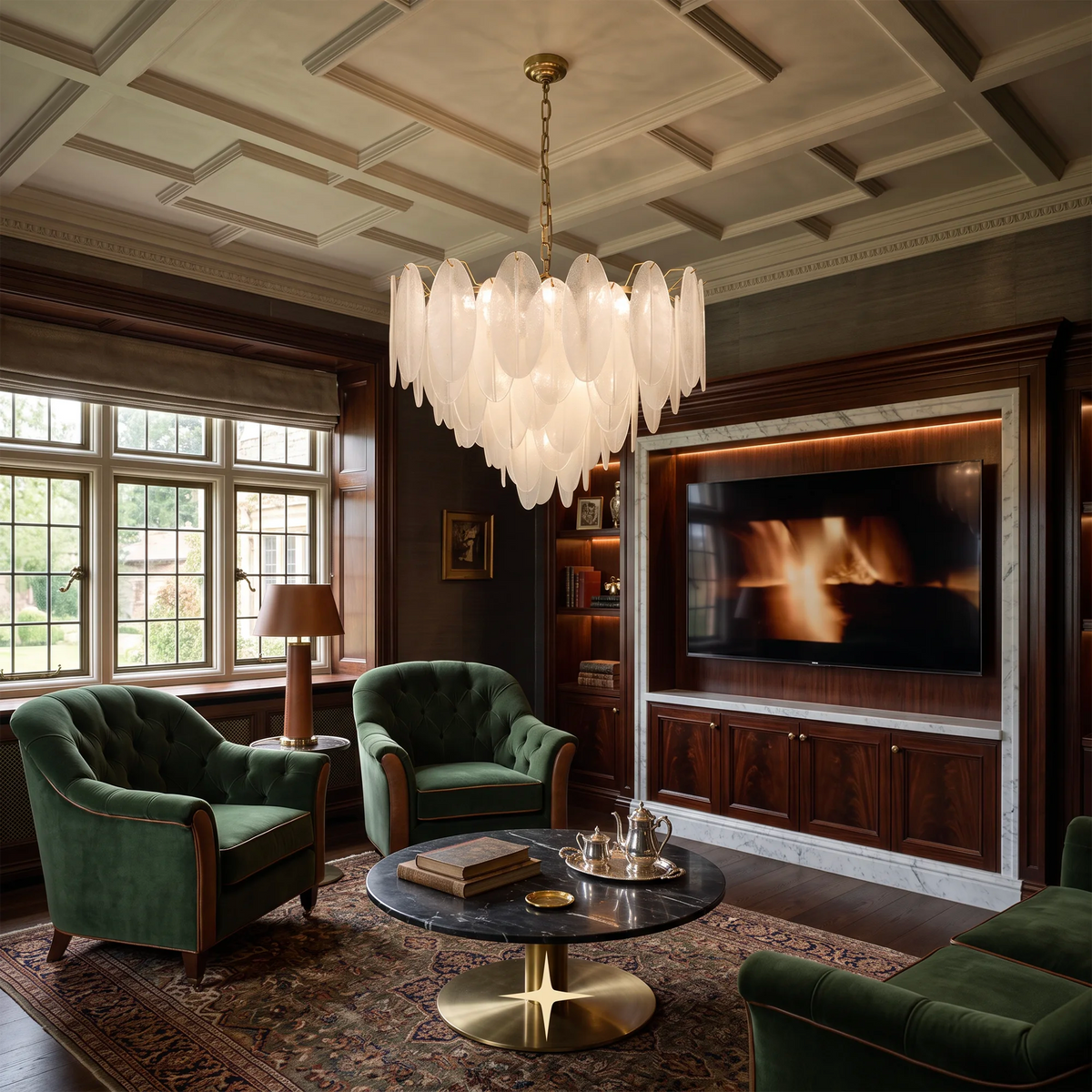 Elegant Serene luxury circular chandelier with frosted oval crystal petals and gold structure
