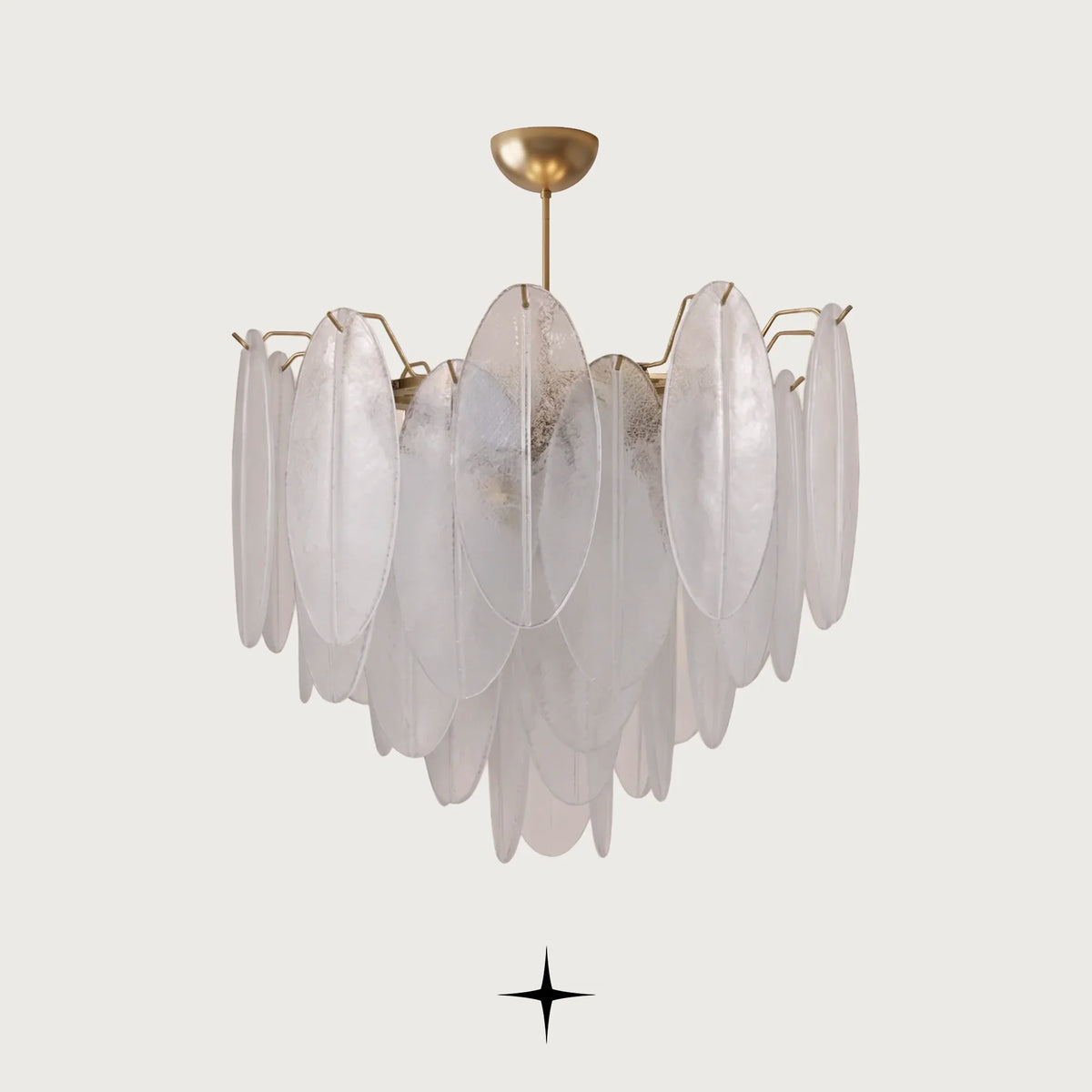 Serene luxury circular chandelier featuring frosted glass oval petals and gold chain canopy
