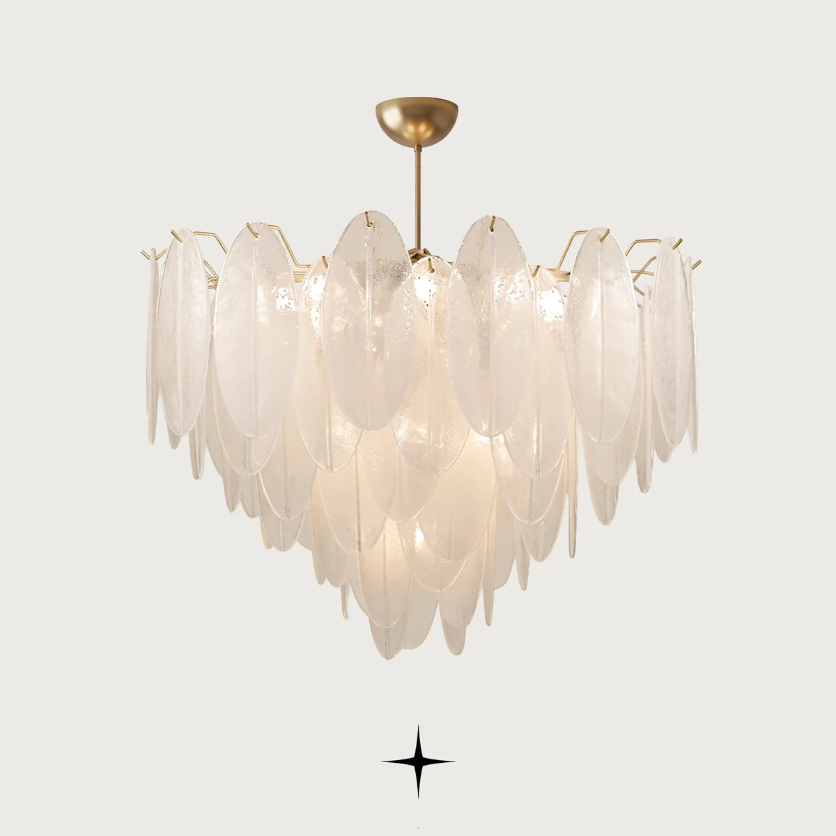 Elegant Serene Chandelier featuring cascading oval crystal elements and a radiant golden ring structure

