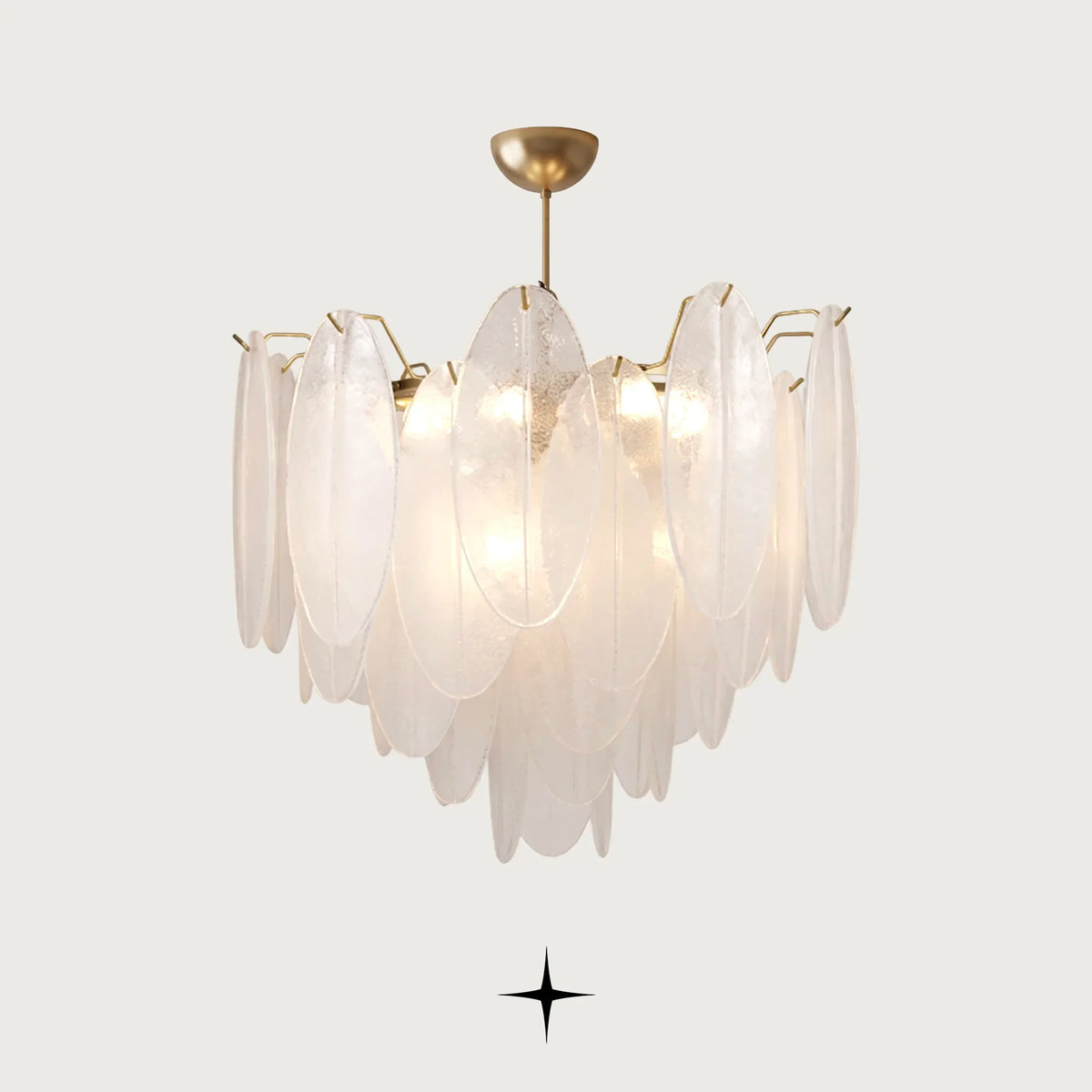 Serene luxury circular chandelier featuring frosted glass oval petals and gold chain canopy
