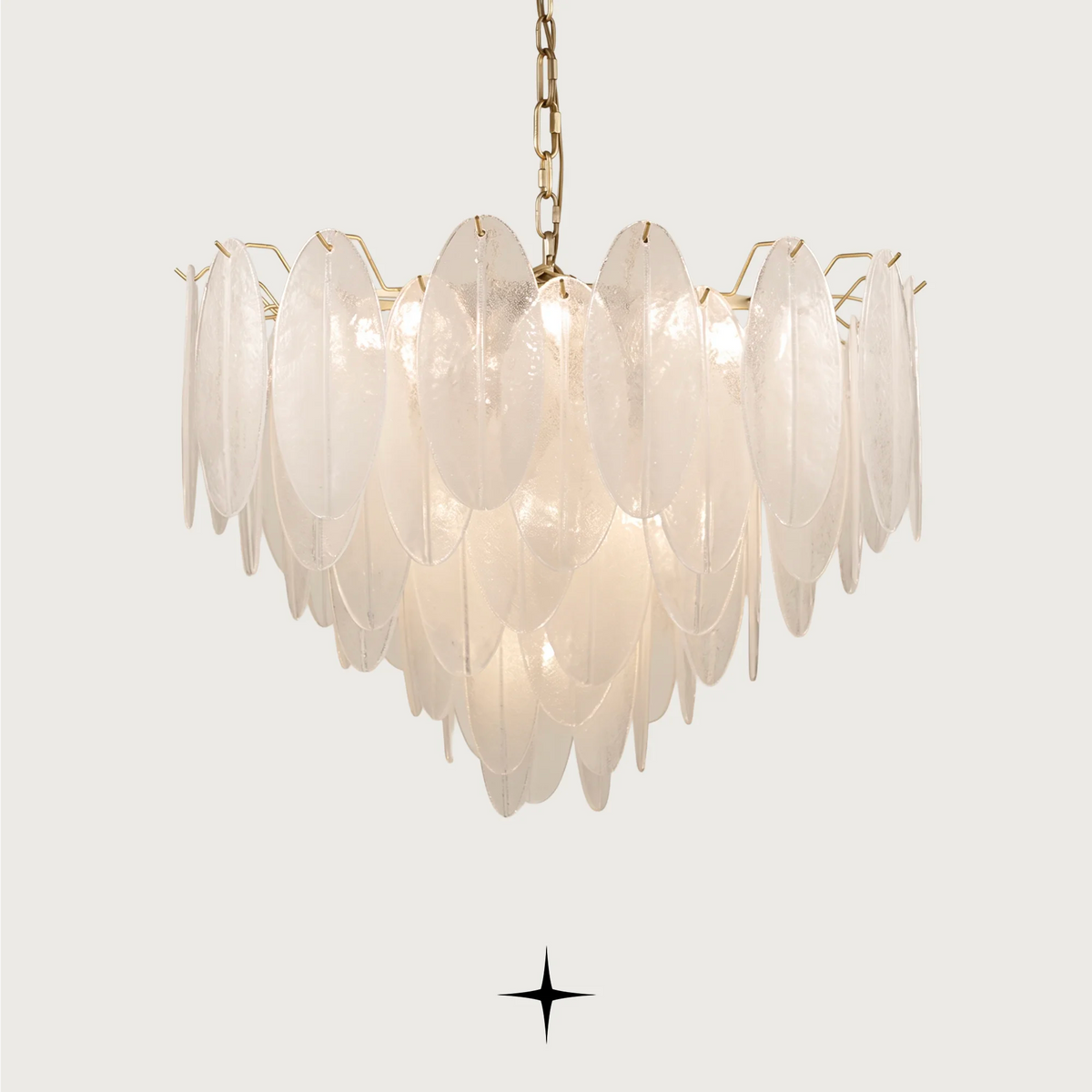 Elegant Serene luxury circular chandelier with frosted oval crystal petals and gold structure
