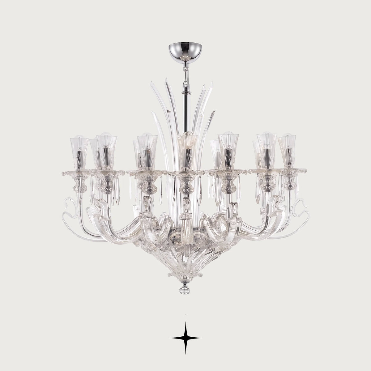 Elegant Twilight Chandelier featuring 12 candle-style lights set on clear Bohemian crystal arms
