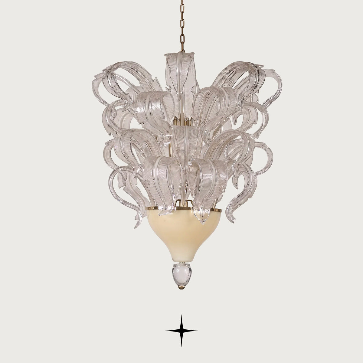 Evangeline luxury feather glass chandelier with gold accent base

