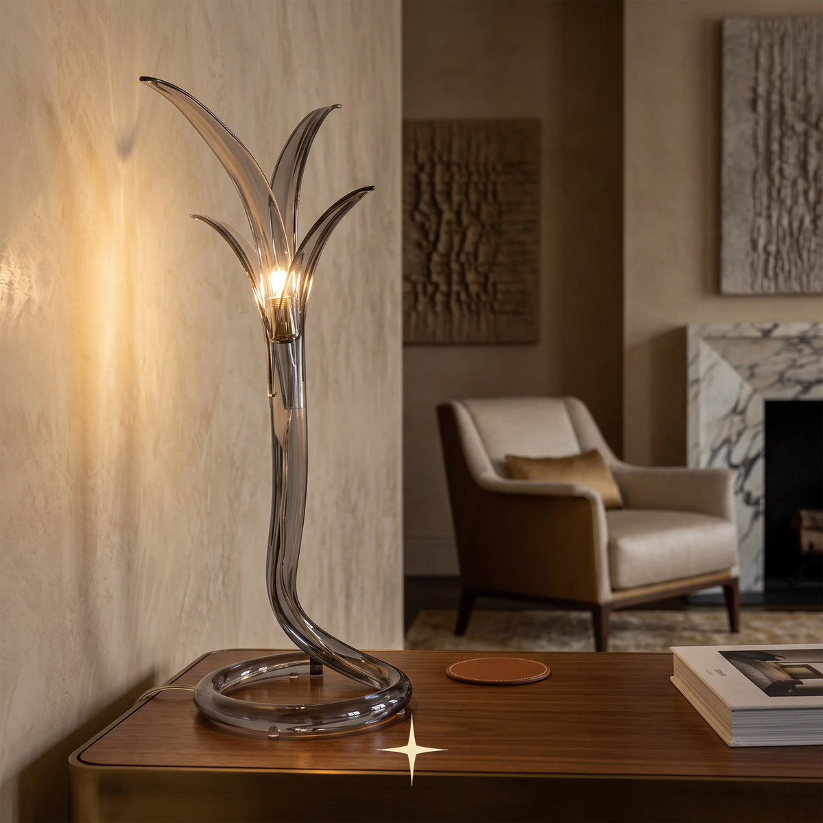 Fable modern luxury table lamp with sleek blue and silver silhouette for sophisticated living spaces.
