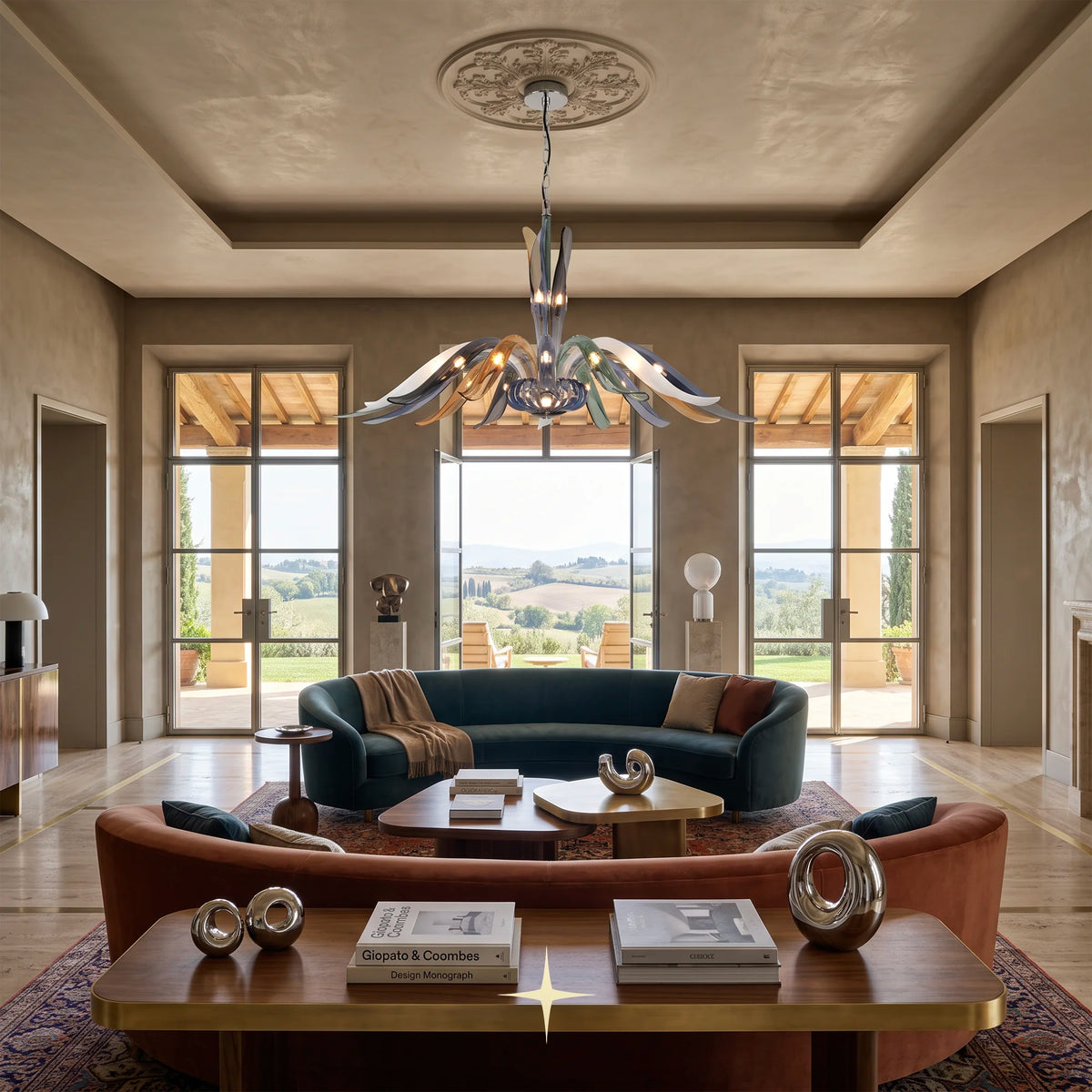 Fantasy Chandelier featuring organic sweeping glass arms in smoke green, blue, and amber hues
