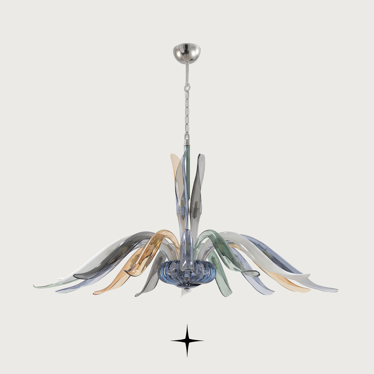 Fantasy Chandelier featuring organic sweeping glass arms in smoke green, blue, and amber hues
