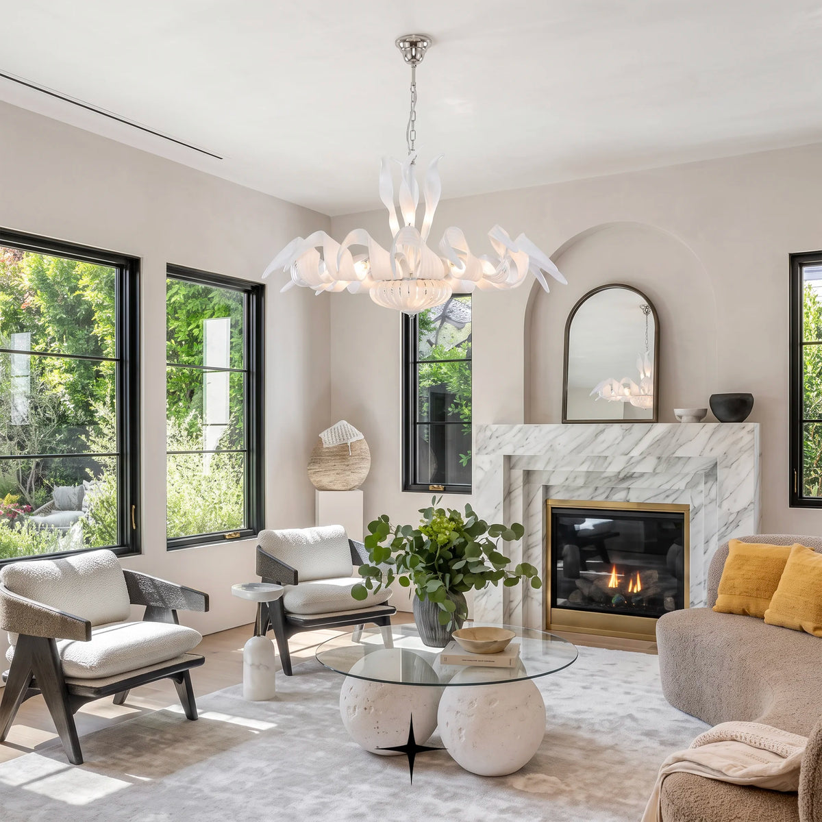 Farah Chandelier featuring sleek elongated white crystal arms in a modern luxury design
