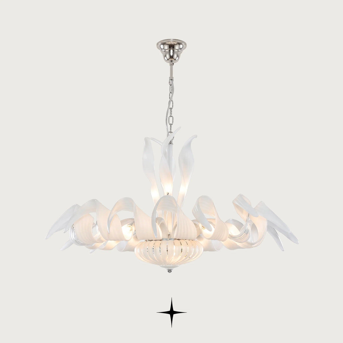 Farah Chandelier featuring sleek elongated white crystal arms in a modern luxury design
