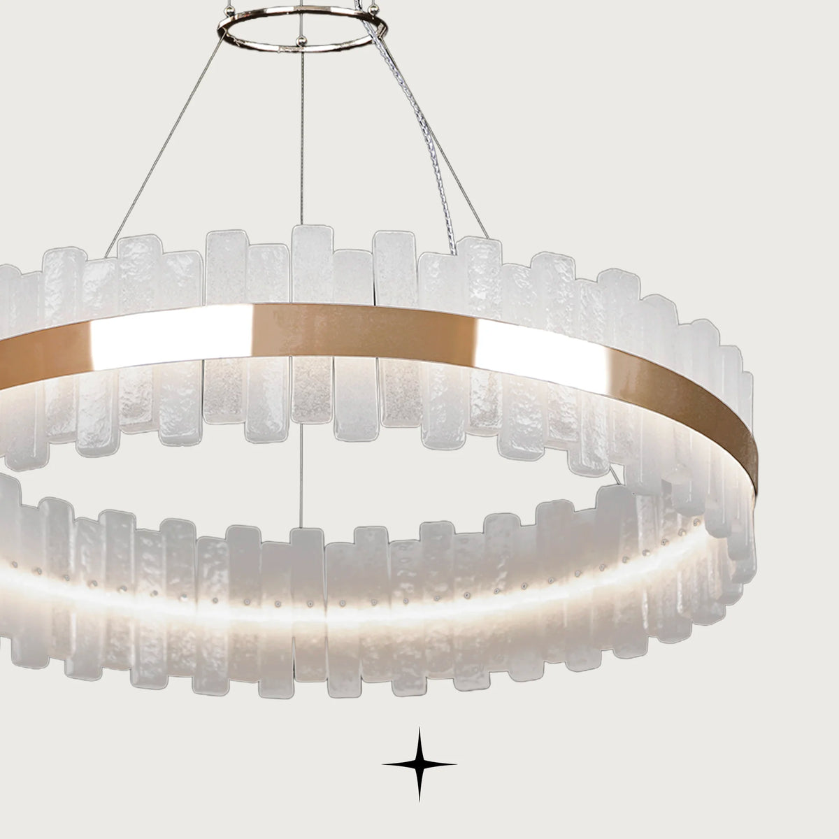 Close-up detail of textured Murano glass blocks and golden nickel band on Fayola chandelier