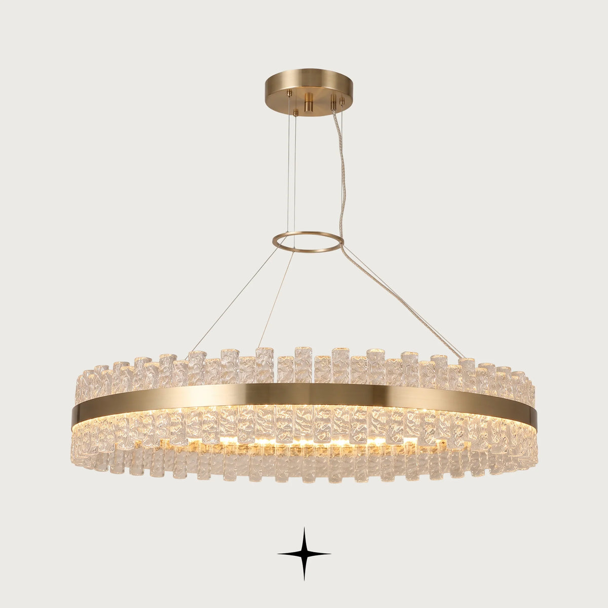 Fayola modern Murano glass block ring chandelier with golden nickel frame on a light grey background