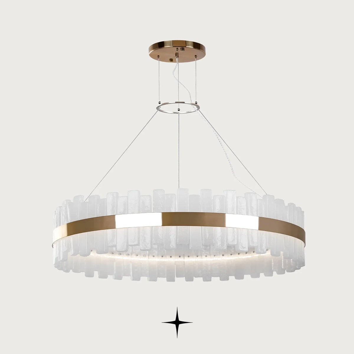 Fayola modern Murano glass block ring chandelier with golden nickel frame on a light grey background