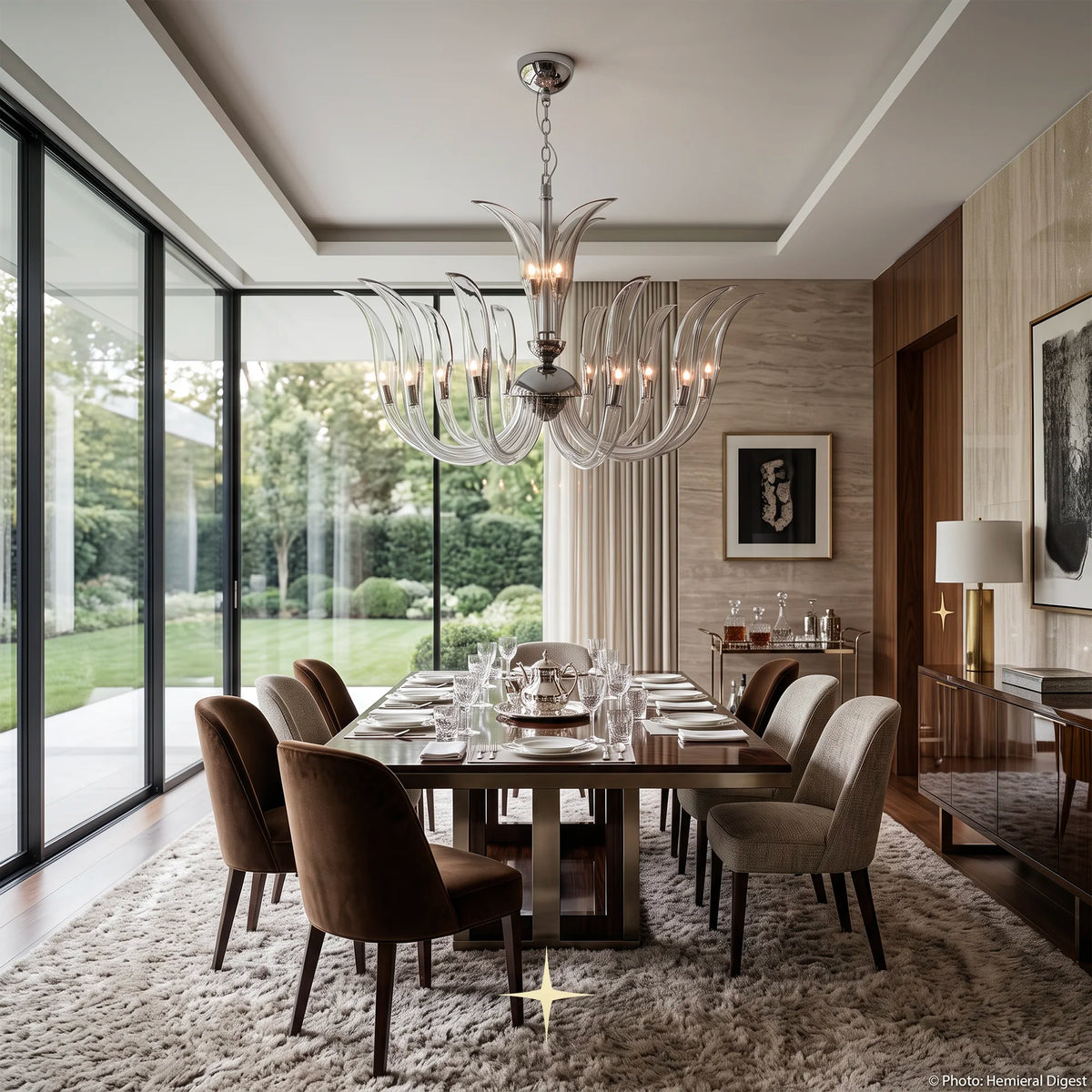 Finesse Chandelier featuring gracefully rising smoky crystal blades inspired by natural flame forms
