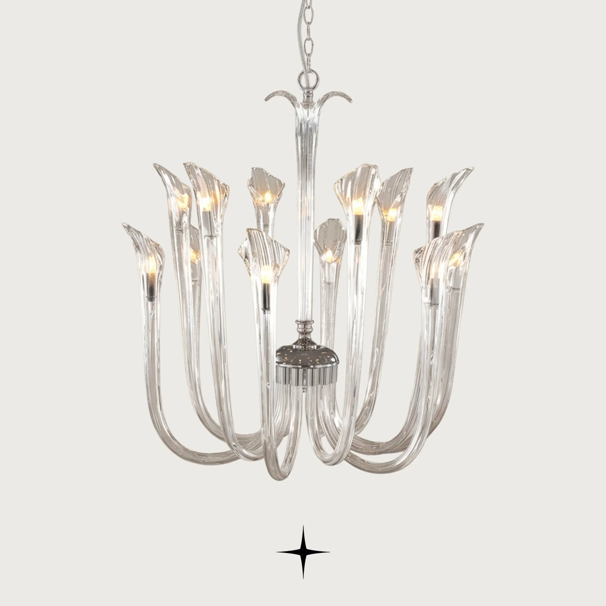 Flare Chandelier featuring sophisticated curves and upward-reaching crystal arms
