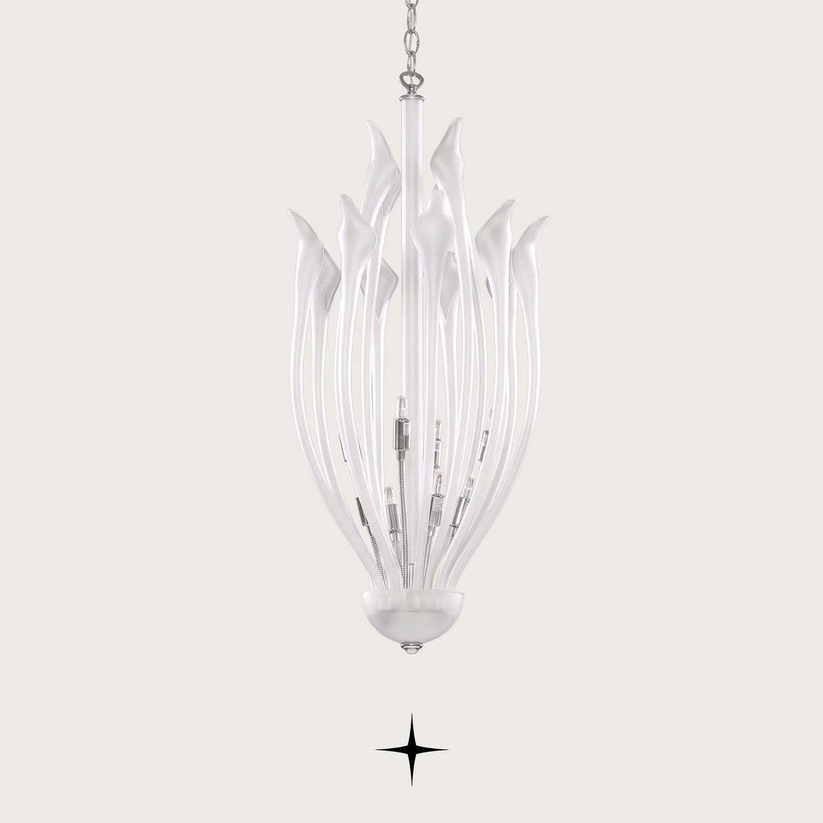 Flora Chandelier featuring flower-inspired white crystals with 10+4 arms and 8 G9 LEDs
