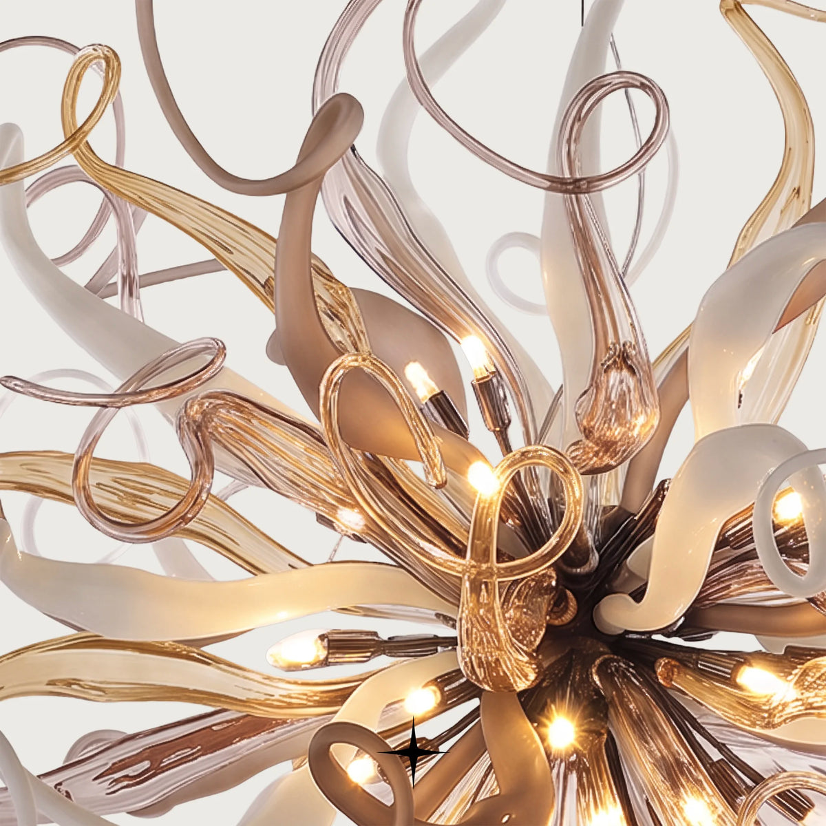 Freesia Chandelier featuring vibrant curved crystal glass tendrils forming a spherical burst with 44 G9 lights
