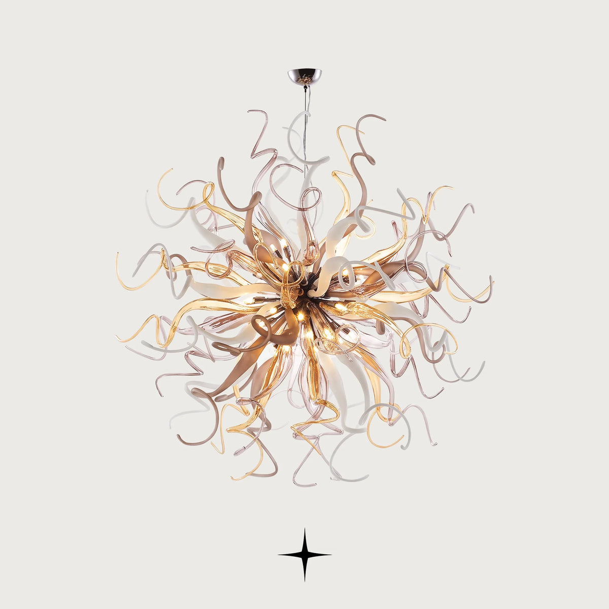Freesia Chandelier featuring vibrant curved crystal glass tendrils forming a spherical burst with 44 G9 lights
