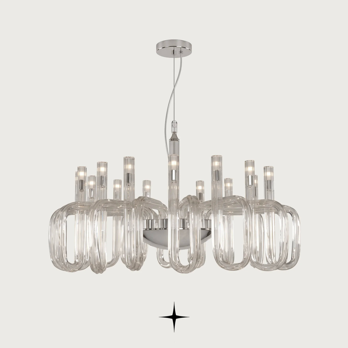 Fusion Chandelier featuring post-modern linear design with rich colors and timeless materials
