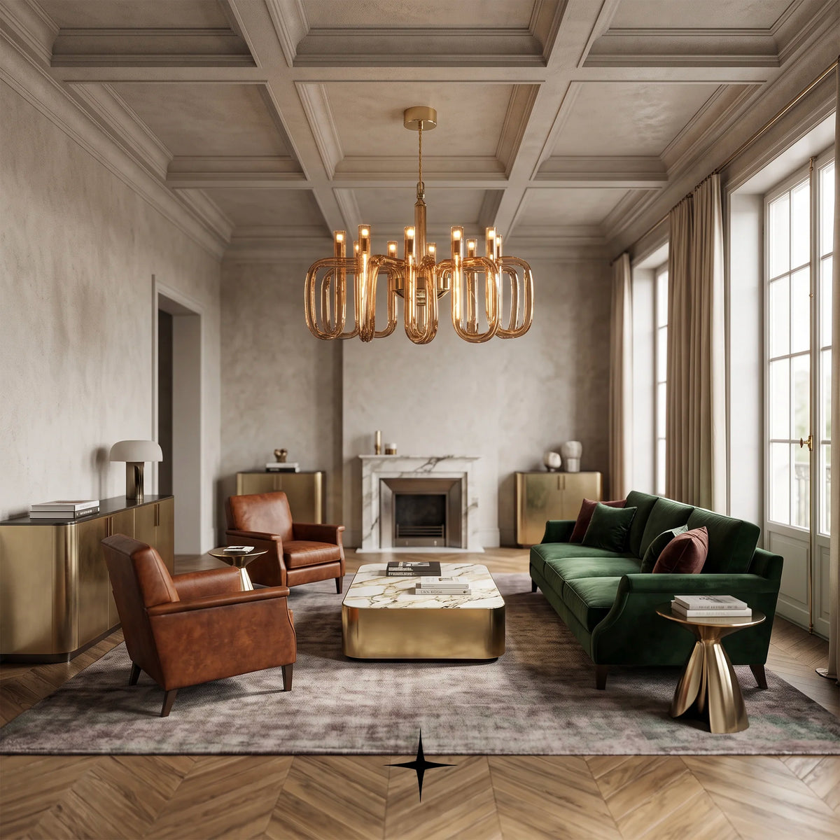 Fusion Chandelier featuring post-modern linear design with rich colors and timeless materials
