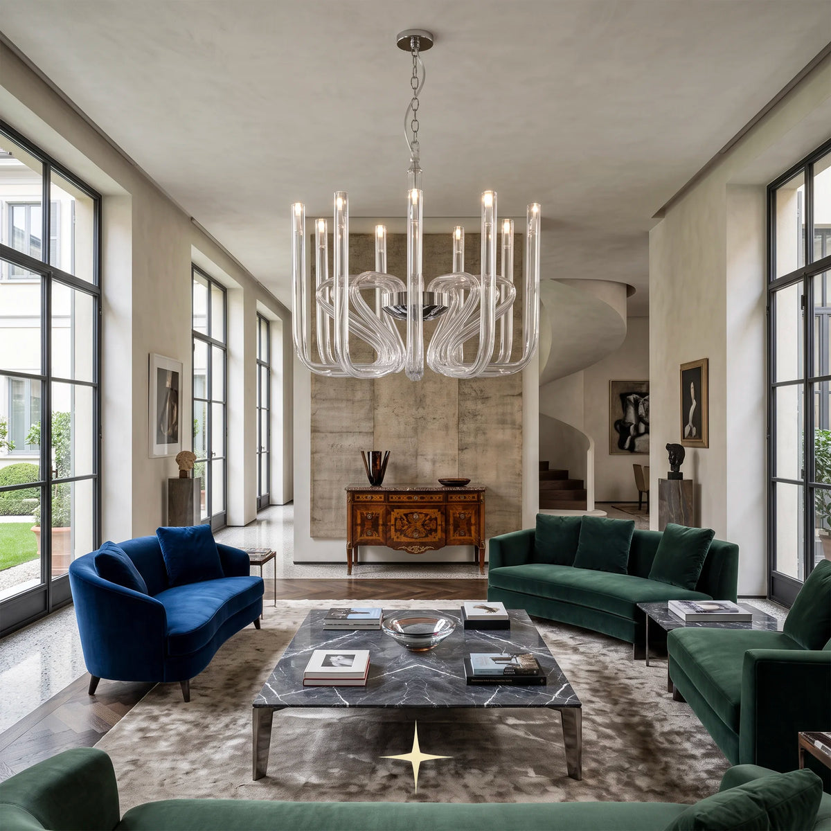 Fusion Chandelier featuring post-modern linear design with rich colors and timeless materials
